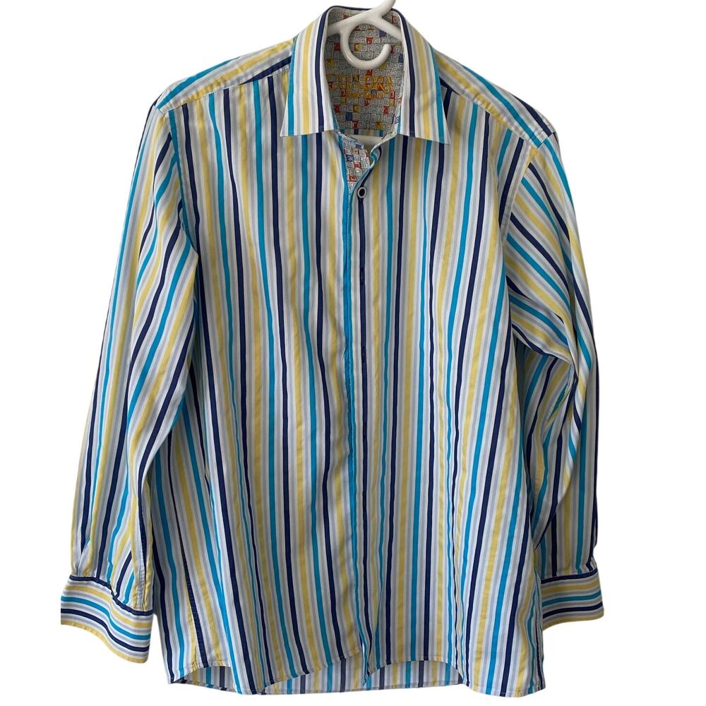 Cuadra Men's Button Up Shirt Flip Cuffs Blue Yellow White Stripes Size Medium